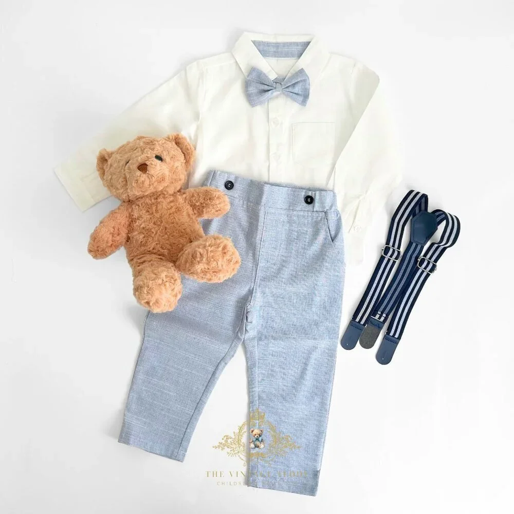 NWT Handsome Boys Oxford Shirt Bow Tie Pants & Suspenders Matching Set 2T